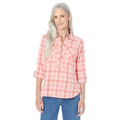 Image of Tommy Hilfiger Women&#039;s Long Sleeve Half Zip Roll Tab Popover Shirt, Coralie, XS