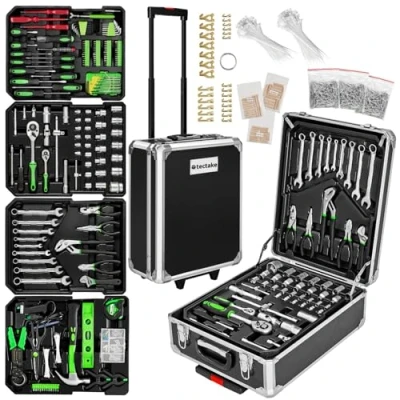 Image of tectake® Portable Tool Box Trolley, 1,200 Piece Kit, with 4 drawers &amp; wheels. Essential DIY Tools Set, Home Office Hand Tools, Mechanic Spanner Organiser, Wheels Improvement Starter Kit