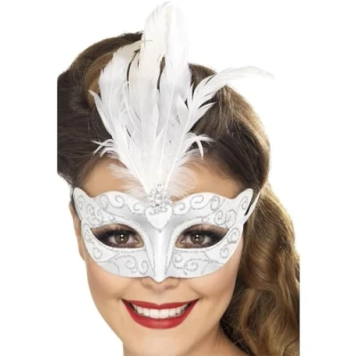 Image of Smiffys Venetian Glitter Eyemask, Silver with Feathers, Eyemasks Fancy Dress, Cosmetic Dress Up Eye masks