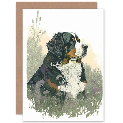 Image of Artery8 Bernese Mountain Dog in Wild Flower Field Watercolour Illustration Art Birthday Sealed Greeting Card Plus Envelope Blank inside