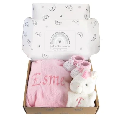 Image of Baby Box Shop Personalised Girl Gifts Blanket &amp; Unicorn Comforter with Pink Cotton Booties, Ideal as Shower Christening for Girls
