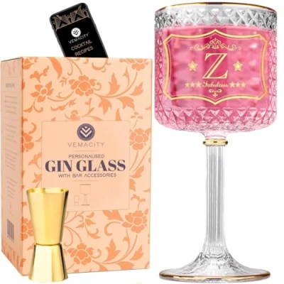 Image of Vemacity Personalised Gin Glass with Gold Rims + Your Choice of Initial (Z) Large Glasses for Women Cocktail Spoon &amp; Jigger Recipe PDF Ideal Aperol Spritz Glass/Wine