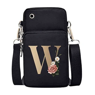 Image of FINDING CASE initial letter Printed Women Girls men Zipper Waterproof Nylon 3 Layers Crossbody Bags Wallet Cellphone Purse Shoulder Bag Wristlet Handbags Adjustable Strap (gold W)