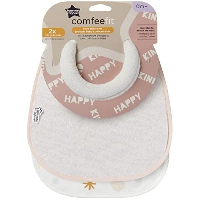 Image of Tommee Tippee Milk Feeding Bibs, Comfeefit, Super Soft and Extra Absorbent, Adjustable Reversible, OEXO TEX Approved Material, Pack of 2, Happy Kind