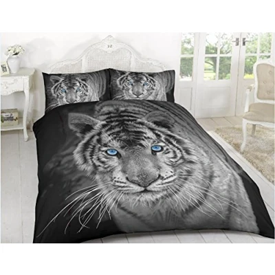 Image of Y H Yorkshire Homeware 3D Print Animal Printed Duvet Cover Set Single Double King Size Bedding Sets (Black White Tiger, Single)