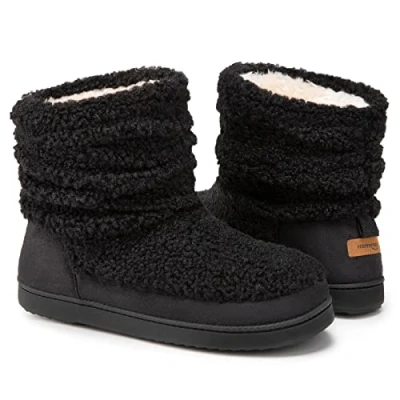 Image of HomeTop Women&#039;s Bootie Slippers Fuzzy Warm Memory Foam Indoor House Shoes with Non slip Rubber Soles Black, 9/10 UK
