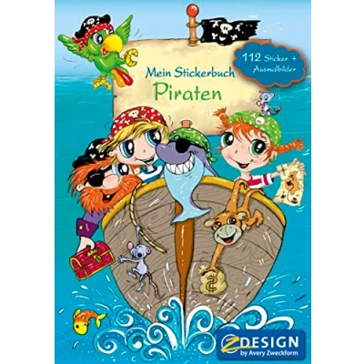 Image of AVERY Zweckform 57797 Children&#039;s Sticker Book Pirate with 112 Stickers, 5 Game Worlds and 2 Colouring Pictures (Play for Children, Boys, Designed Paper Pages, A5, Pirate, Birthday Gift)