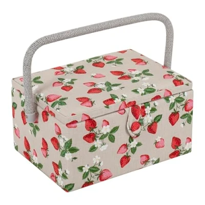 Image of Hobby Gift Exclusive Medium Sewing Craft Storage Box, Accessories Tray Pin Cushion Pocket PVC Handle 18.5 x 25.5 14.5cm, Strawberries