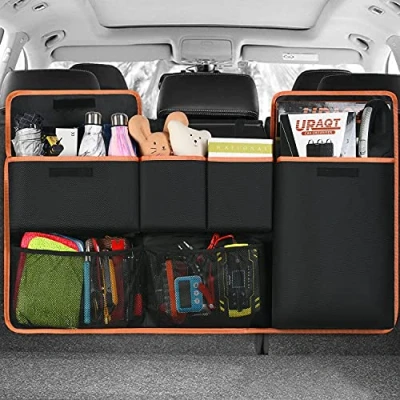 Image of URAQT Car Boot Organiser Waterproof Kick Mats Seat Back Protectors, Travel Durable Foldable Multi Pocket Children&#039;s Cargo Net Storage for Backseat Cover (100x45cm)