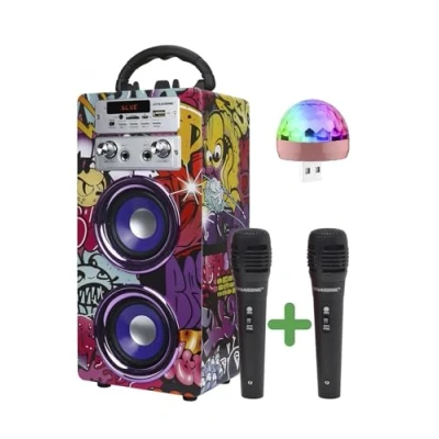 Image of DYNASONIC Portable Karaoke Machine, Speaker with 2 Microphones, Bluetooth Speaker, USB Light Included, and SD Reader, Original Gift (025 12 Light)
