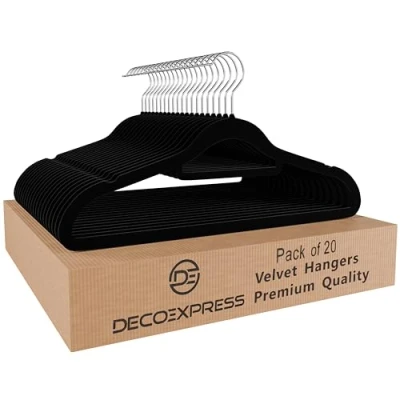 Image of Deco Express Velvet Hangers, Space Saving Non Slip Coat Hangers for Clothes Multipack (Black, 20 Pack)