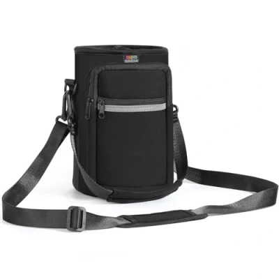 Image of Nuovoware Water Bottle Carrier Bag, 64oz Pouch Holder, Adjustable Shoulder Hand Strap 2 Pocket Sling Neoprene Sleeve Sports Accessories for Hiking Travelling Camping, Coal Black