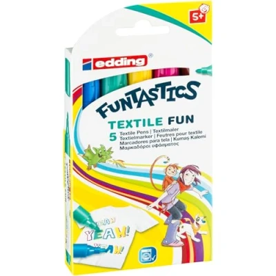 Image of edding 17 FUNTASTICS textile marker for children yellow, brown, blue, red, green set of 5 pens round nib 2 3 mm fabric pen wash resistant up to 60C kids
