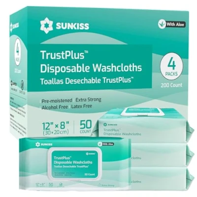 Image of SUNKISS Trustplus Wet Wipes for Adult, Extra Thick 20 x 30 cm Body Cleaning with Aloe Incontinence &amp; Cleansing, Unscented, 200 Count (4 Packs of 50)