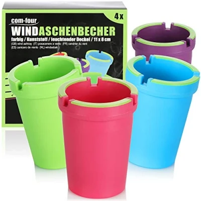 Image of com four® 4x Ashtrays for outside Windproof ashtray Storm with luminous lid Car cigarettes Smoking bin, Ø 8 cm (4 pieces purple pink blue green)