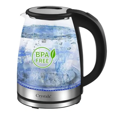 Image of Crystals 1.8L/1500W Glass Electric Kettles, Kettle with Blue LED and Boil Dry Protection, Cordless Fast Quiet Easy to Clean Kettle, BPA Free