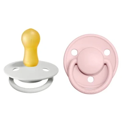 Image of BIBS De Lux Soother 2 Pack, BPA Free Dummy Pacifier, Round Nipple. Natural Rubber Latex, Size (6 18 Months), Haze/Blossom