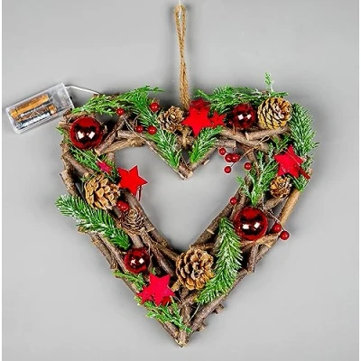 Image of SHATCHI Prelit Battery Operated Christmas Home Hanging Wooden Twigs Base Decorated Baubles,Berries, Foliage,Pine Cones, Micro Rice LED Lights, Wood, Red Stars, Heart 30cm