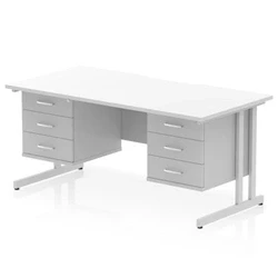 Image of Impulse 1600 x 800mm Scalloped Edge Straight Office Desk White Top Silver Cantilever Leg Workstation 2 3 Drawer Fixed Pedestal