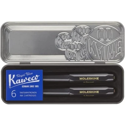 Image of Moleskine x Kaweco Fountain Pen in ABS plastic with Gold Plated Size M Nib and Refillable Ballpen for Writers, Note Takers, Refill 1.0mm Blue Ink 6 Cartridges included, Color Black