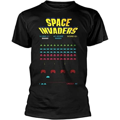 Image of Space Invaders Arcade Black Men t Shirt Graphic Size S