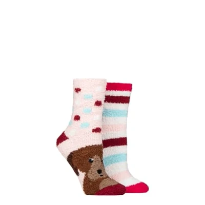 Image of Women&#039;s 2 Pair SOCKSHOP Wildfeet Cosy Lounge Socks with Anti Slip Grips Dog / Stripes 4 8