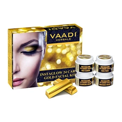 Image of Vaadi Herbals Gold Facial Kit 24 Carat Leaves, Marigold &amp; Wheatgerm Oil, Lemon Peel Extract 70 gms