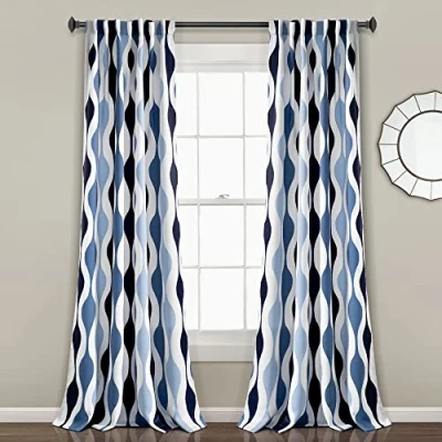 Image of Lush Decor Mid Century Geo Light Filtering Window Curtain Panel Pair, 84&quot; L x 52&quot; W, Blue &amp; Gray