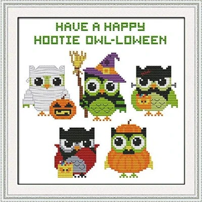 Image of Cross Stitch Kits, Awesocrafts Happy Halloween Cute Owls Easy Patterns Stitching Embroidery Kit Supplies Christmas, Counted (Halloween, Counted)