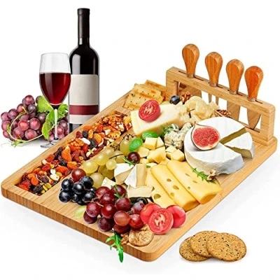 Image of Bamboo Cheese Board Set with Cutlery Wooden Charcuterie Tray Platter Including 4 Stainless Steel Knife and Serving Utensils, Gift Idea for Birthdays, Wedding Registry, Housewarming