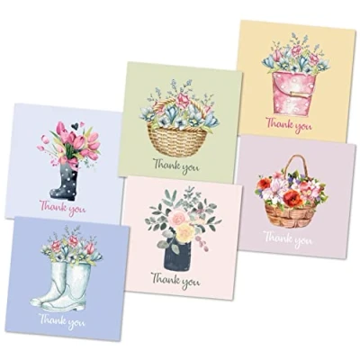 Image of Thank You Cards Multipack of 12. Each Greeting Pack includes 6 Flower designs. 115 x 115mm. Blank Inside. Envelopes included. Made in UK.