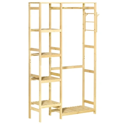 Image of HOMCOM Bamboo Garment Rack, Clothes Rack with Storage Shelf, Hanging Rail and Side Hooks for Entryway, Bedroom, Bathroom Office, Natural