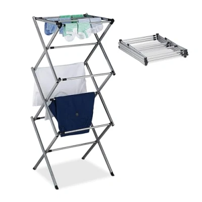 Image of Relaxdays Drying Rack for Clothing, Folding Laundry Airer, 11 Rods, 6 Tiers, 105x73x37 cm, Metal, Extendable, Silver, Stainless steel