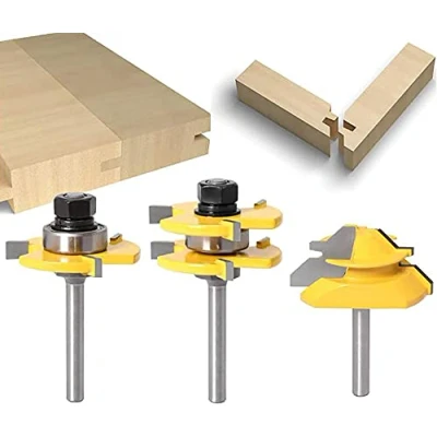 Image of KATSU 45 Degree Lock Miter Joint Router Bit + 2PCs 1/4&quot; Shank Tongue and Groove Set, Woodworking Milling Cutter Tools 3 Teeth T Shape for Engraving Trimming Machine 133305