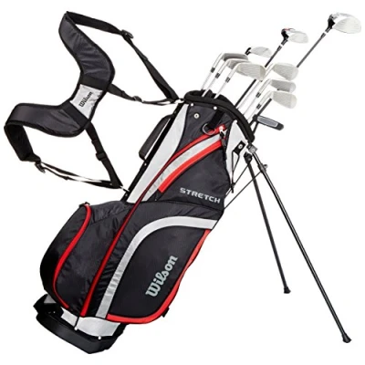 Image of Wilson Amazon Exclusive Beginner Complete Set, 10 extended length (+1 in) golf clubs with stand bag, Men&#039;s (right hand), Stretch XL, Black/Grey/Red, WGG157549