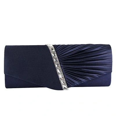 Image of ele ELEOPTION Womens Pleated Satin Diamante Ladies Envelope Handbag Wedding Bridal Prom Clutch Bag Evening Party Purse Chain (Navy Blue)