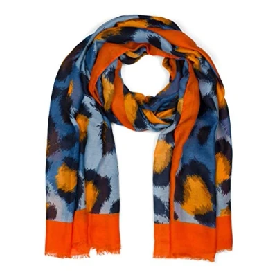 Image of styleBREAKER Women Scarf with abstract oversize leo print and short fringes, light scarf, stole 01016207, Colour:Orange Blue