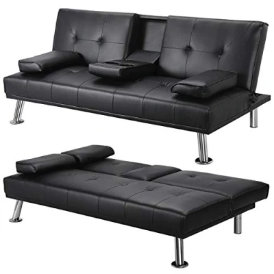 Image of Yaheetech Click Clack Sofa Bed Faux Leather 3 Seater Couch Living Room/Spare Room/Guest Room Settee With Cup Holders Black
