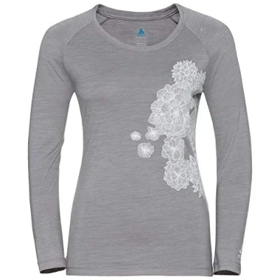 Image of Odlo SS20 Women&#039;s Crew Neck Concord Sweatshirt, Grey Melange Bloom Print, XL