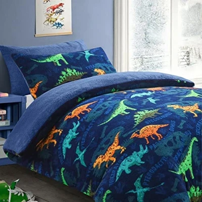 Image of EGYPTO Polyester Dinosaur Teddy Fleece Duvet Cover with Pillowcase Warm Bedding Set for Kids (Single, Blue)