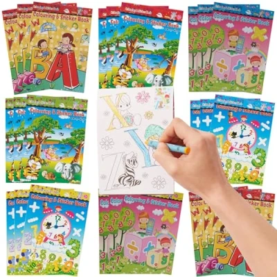 Image of THE TWIDDLERS 48 Mini Colouring Sticker Books, Kids Party Bag Fillers and Favours, Ideal for School Classrooms, Travel, Birthdays, Halloween, Restaurants
