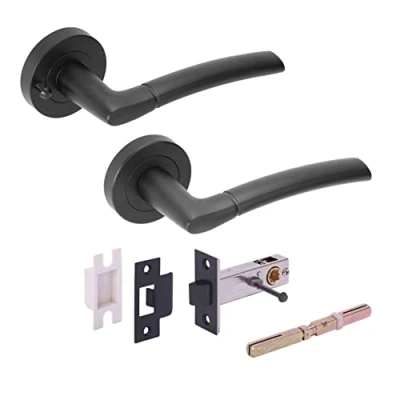 Image of HANDLEZONE® Nemo Privacy Lever On Round Rose Door Handles, with Latch, for Bathroom, Toilet, WC Doors, 1 Set Black Matt