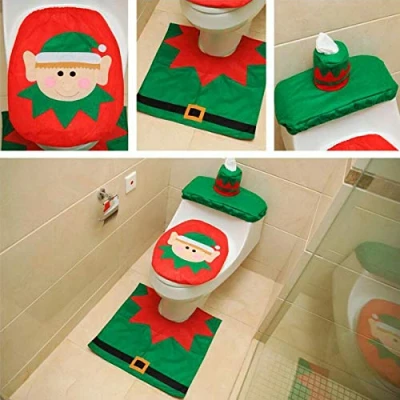 Image of SHATCHI Christmas Elf Toilet Seat Cover and Mat Bathroom Set Festive Xmas Novelty Home Decor Party Accessories 3pcs, Green