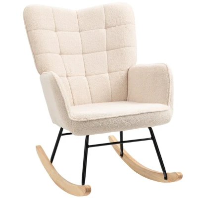Image of HOMCOM Wingback Rocking Chair with Wooden Base, Fleece Glider Rocker for Nursing, Modern Armchair Beige