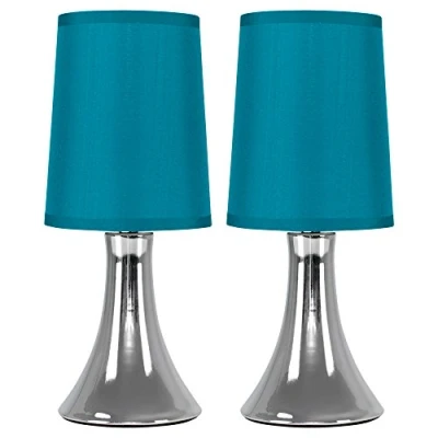 Image of Pair of Small Modern Chrome Trumpet Touch Table Lamps Bedside Lights with Blue Fabric Shades