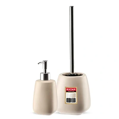 Image of KADAX 2 piece bathroom set made of ceramic, accessories, soap dispenser, mug, dish and toilet brush (Brush&amp;Dispenser Beige)