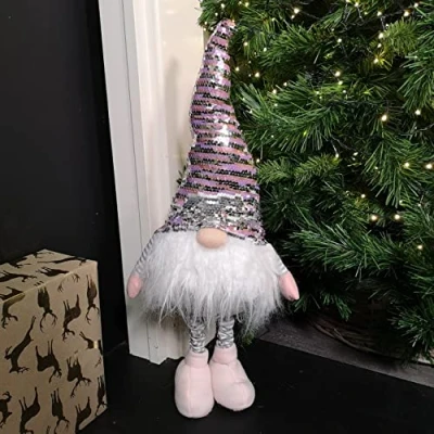 Image of Samuel ALEXANDER 70cm Extendable Leg Grey Pink and White Christmas Gonk with Sequin Hat