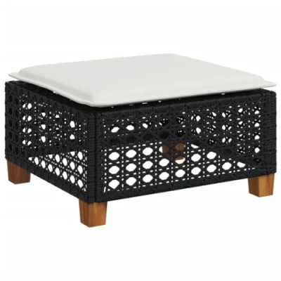 Image of vidaXL Garden Stool with Cushion Black PE Rattan Outdoor Ottoman Cube, Acacia Wood Detail, Weather Resistant Material, Easy Clean Cover, 63.5x56x32 cm