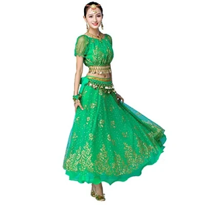 Image of Grouptap Bollywood green indian womens ladies fancy anarkali salwar kameez dress arabian princess belly dance skirt outfits costume (Green, 150 170 cm, 45 70 kg)