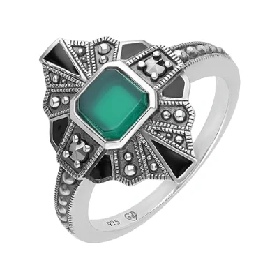 Image of Esse Marcasite Sterling Silver Black Enamel Green Chalcedony &amp; Art Deco Ring (M)